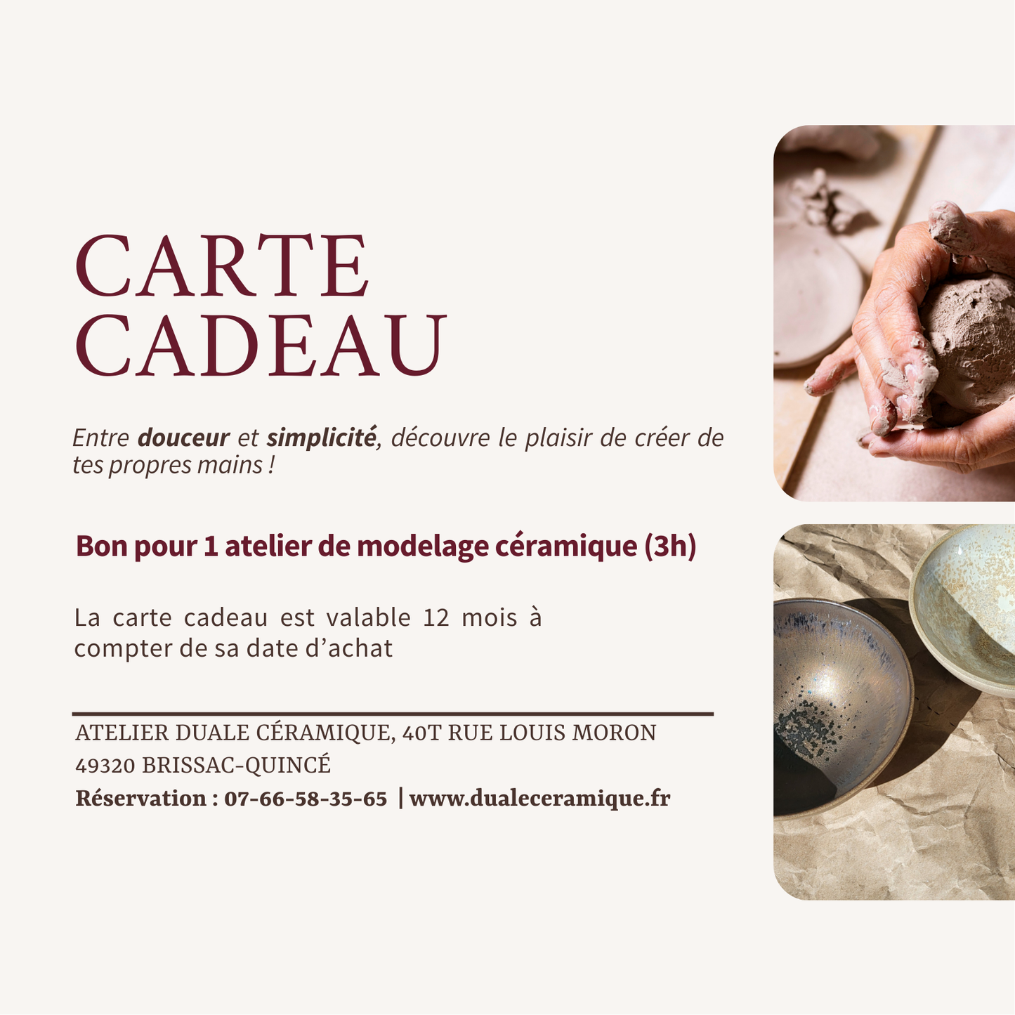 Carte cadeau atelier modelage - Duale Céramique